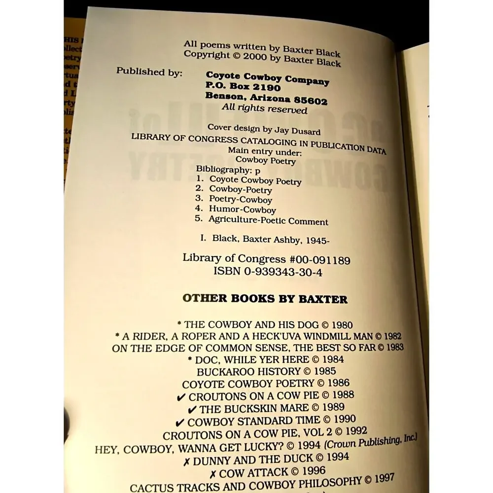1885.  Hardback Book A Cowful of Cowboy Poetry Baxter Black 2000 Dust Jacket